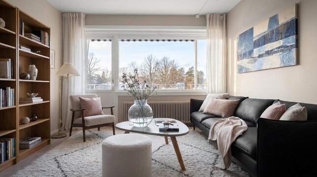 Modern Scandinavian Living Room Interior with Large Window