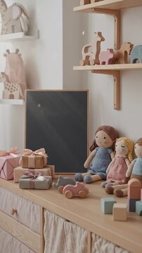 Kids playroom with toys and blank board