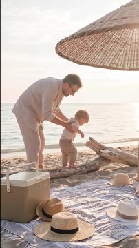 Father and baby playing on sunny beach