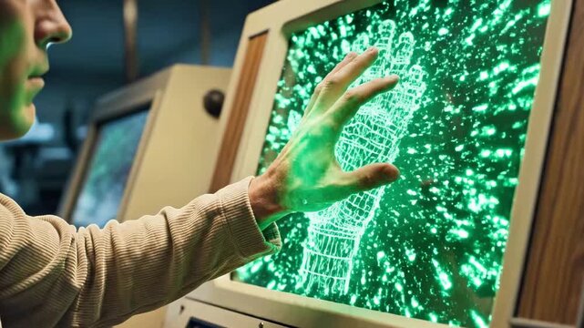 Retro computer monitor displaying green wireframe hand scanning interface