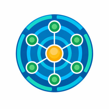 Circular Data Hub With Central Node Connected To Six Nodes, Network Topology Concept Illustration
