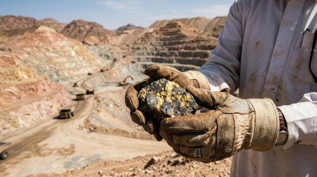 A close-up of a Saudi miner's hands in gloves, holding a piece of gold ore at the Mahd adh Dhahab (Cradle of Gold) mine.