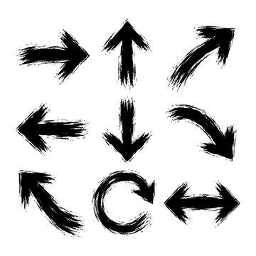 Set of Black Grunge Ink Brush Arrows Vector Illustration