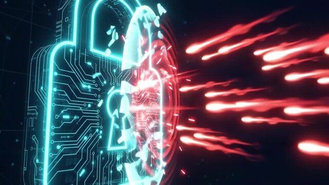 3D animation of a glowing digital padlock with circuit board patterns defending against red cyber attacks, concept of cybersecurity, data privacy, internet firewall protection, and malware threat