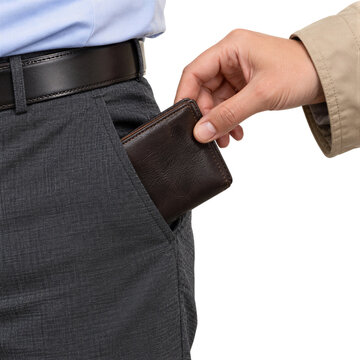Pickpocket stealing brown leather wallet from pocket isolated on transparent background PNG cutout