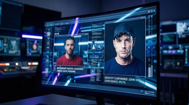 Facial recognition software displaying identity confirmed screen on a computer monitor