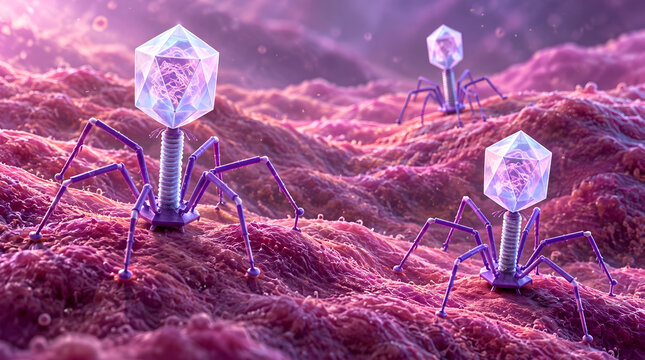 Microscopic view of bacteriophage viruses infecting a cell surface in a human body, representing cellular biology, pathogen research, and medical science illustration