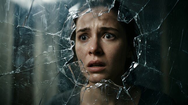 Intense portrait of a woman with wide eyes reflected in shattered glass dramatic light and broken reflection cinematic horror scene