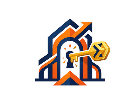 Golden key unlocking stylized house icon isolated on transparent background for real estate