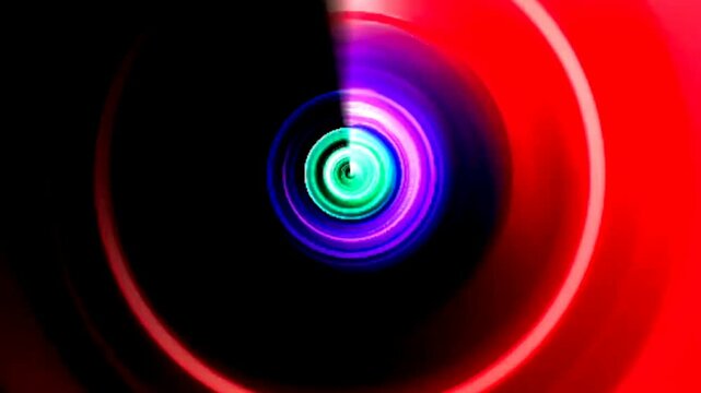 カラフルな光が放射状に広がる未来的な空間の抽象ループ動画