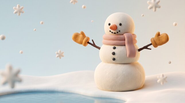 Playful snowman celebrating winter with snowflakes in a snowy landscape - Winter weather