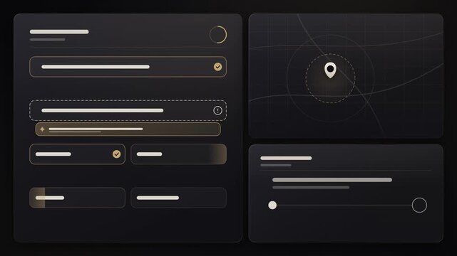 Modern dark mode user interface dashboard design with map location pin navigation controls sliders and menu elements for mobile app development