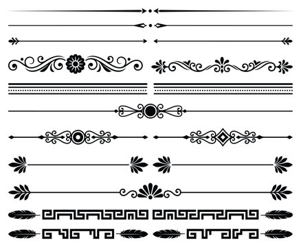 Black linear decorative page dividers and floral corners collection for graphic design