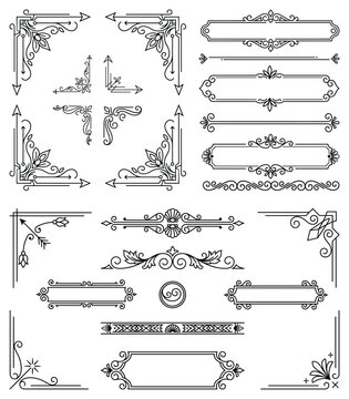 Decorative frames and dividers set featuring black geometric scrollwork for page layouts