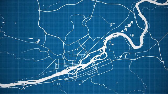 Ink reveal animation of Krasnoyarsk city, Siberia, Russia, grid map. Aerial top view. Blueprint style. White lines with blue background. 4K Seamless loop.