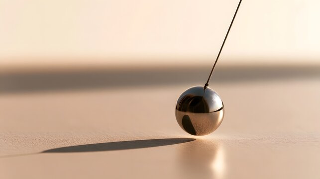 A metallic pendulum ball suspended by a thin wire  casting a sharp shadow on a smooth surface under warm ambient light