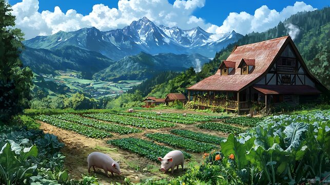 Rural farm landscape featuring cute pigs grazing on lush green fields near traditional rustic wooden house
