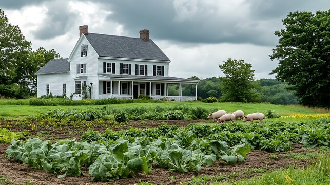 Traditional white farmhouse with black shutters standing in lush green rural landscape featuring vegetable garden and farm animals