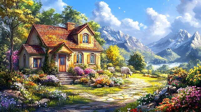Charming countryside cottage surrounded by vibrant flowers and majestic snow capped mountains under a bright sunny sky