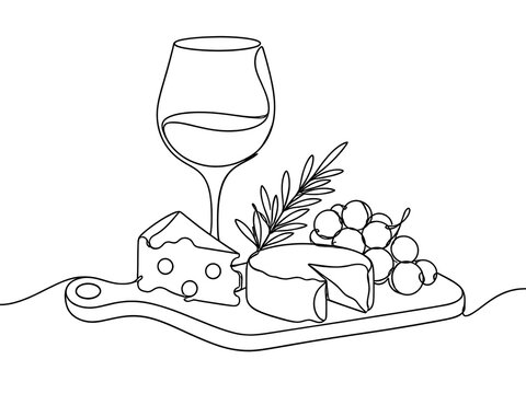 ワインとおつまみのチーズの線画イラスト