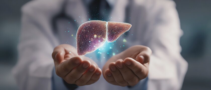 Doctor holding a glowing human liver symbolically.