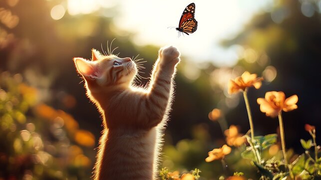 Ginger kitten reaching out paws to catch monarch butterfly outdoor in sunny garden with warm golden backlighting