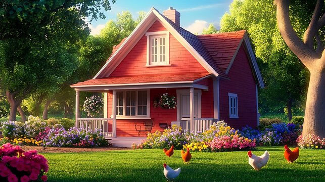 Red farmhouse cottage surrounded by vibrant spring flowers and green grass with friendly chickens walking outside during sunny day