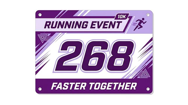 Running Event Bib 268: A graphic illustration of a purple and white bib for a 10K running event, featuring the number 268 and the slogan Faster Together with a running figure icon.