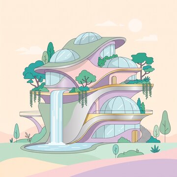 Futuristic biomorphic house design vector illustration with organic curves and beautiful eco friendly landscape