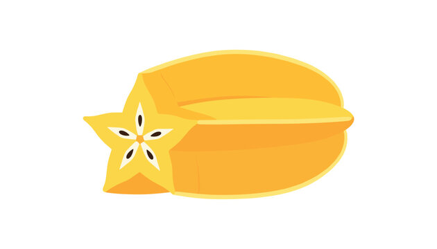 Ripe yellow starfruit with a cut slice showing its unique five pointed star shaped core and black seeds inside.