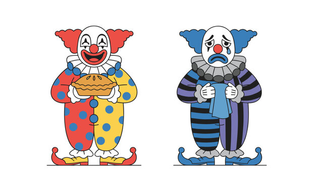 Two circus clowns representing different emotions, one holding a pie happily and the other crying with a blue tissue.