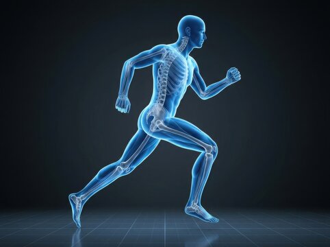 Anatomy of a human body running with visible skeleton illustration