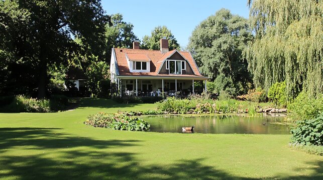 Country house with orange tiled roof situated beside tranquil pond and lush green garden during sunny summer daylight