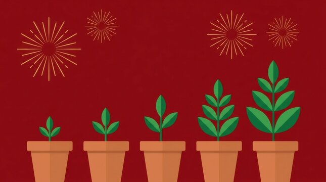 Sequential Stages of Potted Tree Growth on Red Festive Background