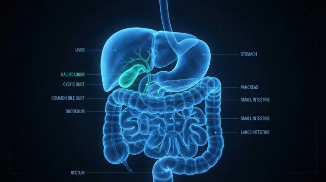 Human digestive system anatomy diagram with labels illustration