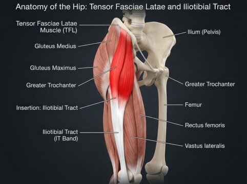 Anatomy diagram of human hip muscles and iliotibial tract illustration