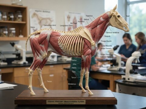 Anatomical horse muscle model in a veterinary classroom illustration