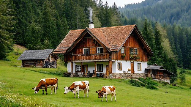 Traditional alpine wooden house and cows grazing on green grass meadow surrounded by dense mountain forest landscape