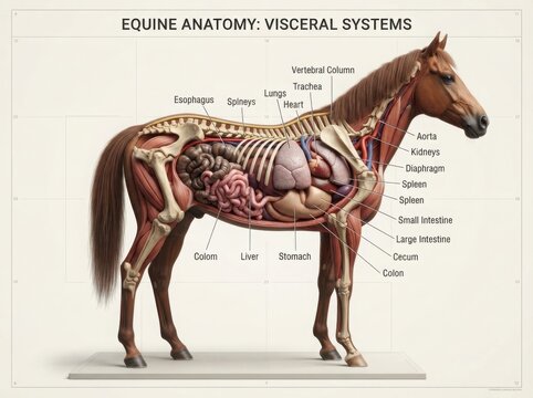 Educational diagram of equine anatomy and visceral systems illustration