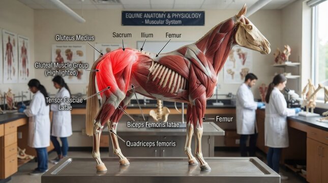 Anatomy model of a horse in a veterinary school lab illustration