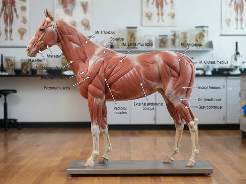 Anatomical model of a horse showing muscular system illustration