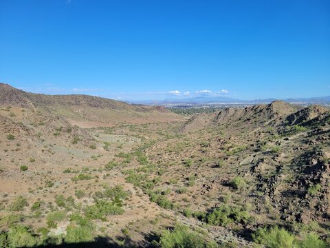 Aerial view of Moon Valley in Northern Phoenix with desert landscape and surrounding mountains, Arizona