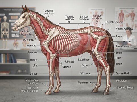 Educational anatomical chart of a horse skeleton and muscles illustration