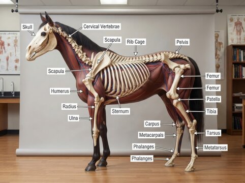 Anatomical Horse Skeleton Diagram with Labeled Bones illustration