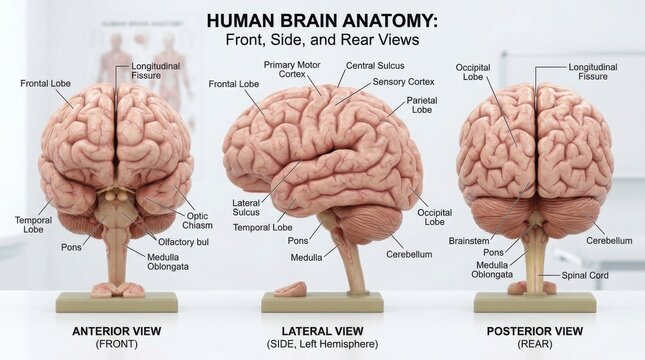 Educational diagram showing human brain anatomy views illustration