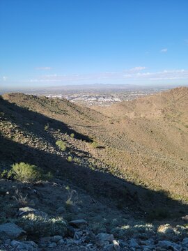 Mountain valley view looking out toward the Phoenix cityscape from North Mountain Park in Arizona