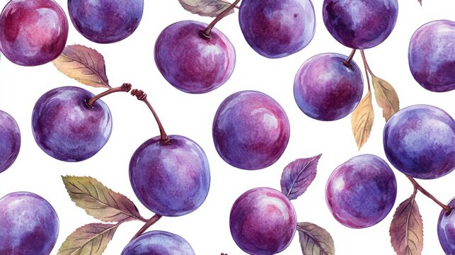 plums seamless pattern, watercolor style, white background