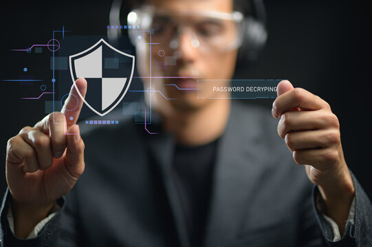 Man in security glasses and headset interacting with digital shield and text