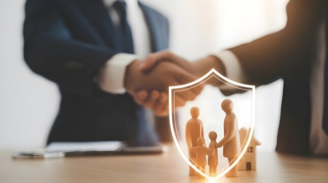 Insurance agent shaking hands with a client in front of a protective shield icon covering a wooden family figurine