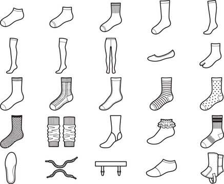 Collection of various sock types and hosiery icons, presented in a clean, graphic, line-art style.